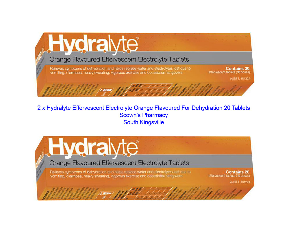 2 x Hydralyte Effervescent Electrolyte Orange Flavour For Dehydration 20 Tablets