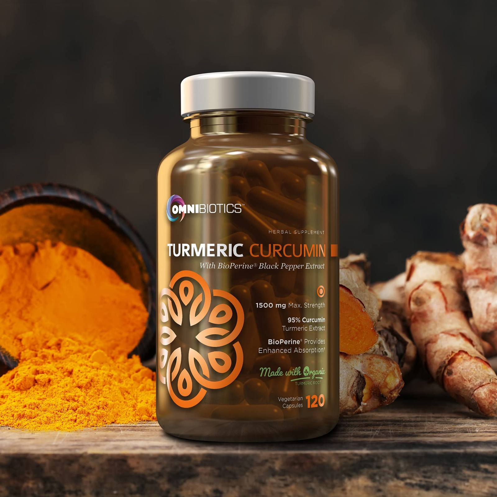 OmniBiotics Organic Turmeric Curcumin Supplement with 120 Count (Pack of 1)