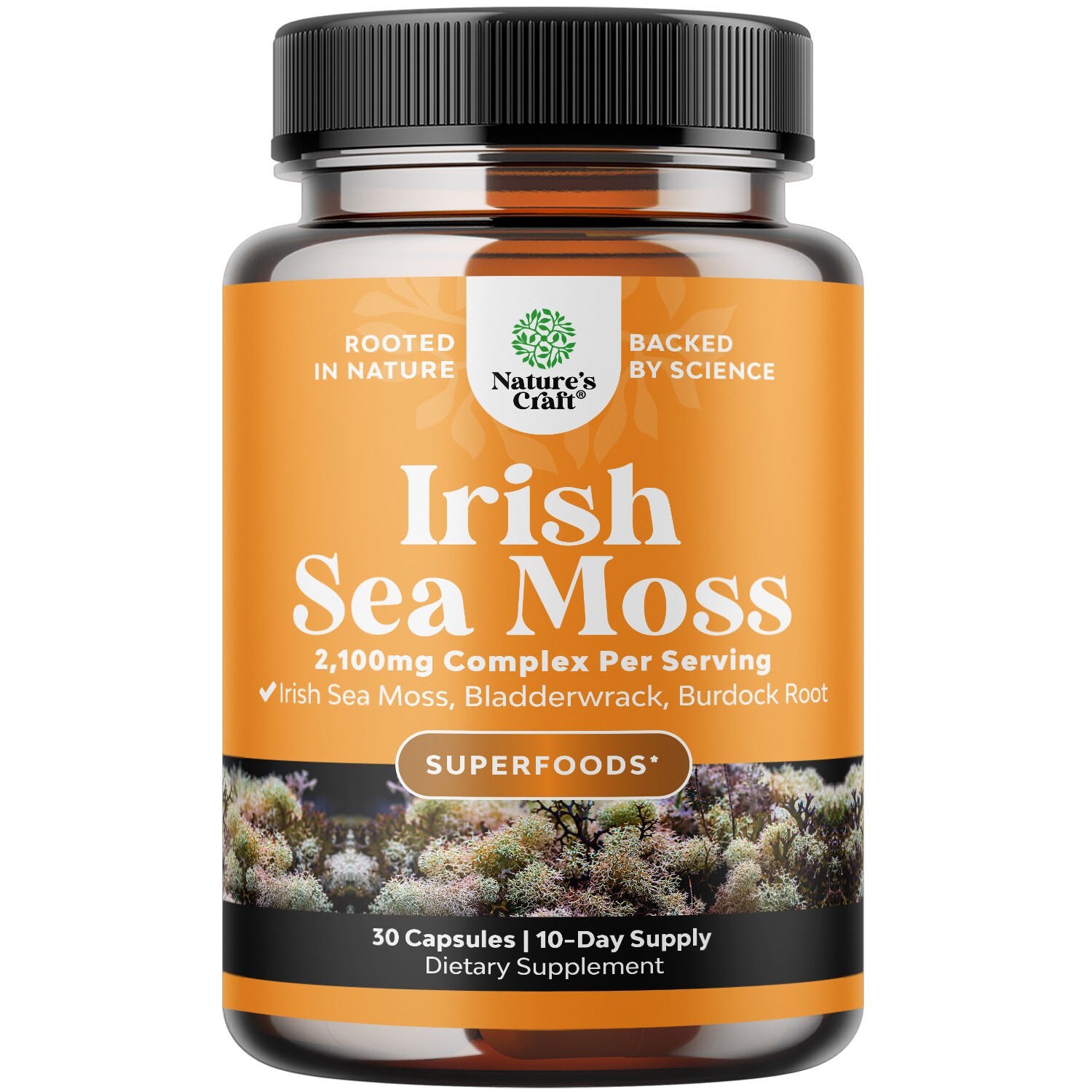 Organic Irish Sea Moss Capsules – with Bladderwrack and Burdock Root 30ct