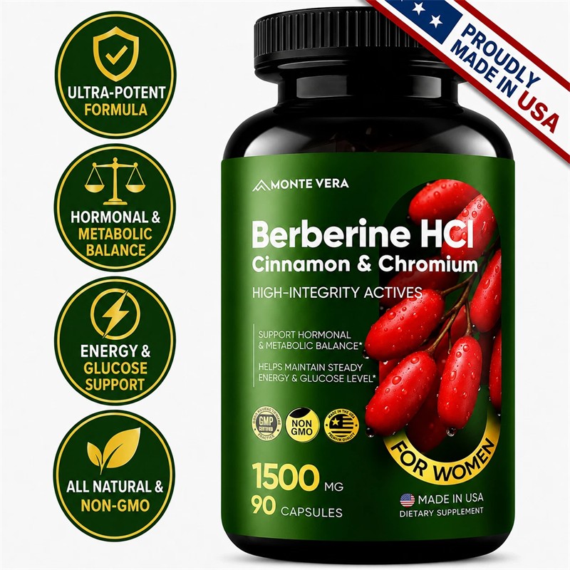 Berberine HCI 1500mg with Chromium Cinnamon Vegan Non-GMO Supplement 90 Capsules
