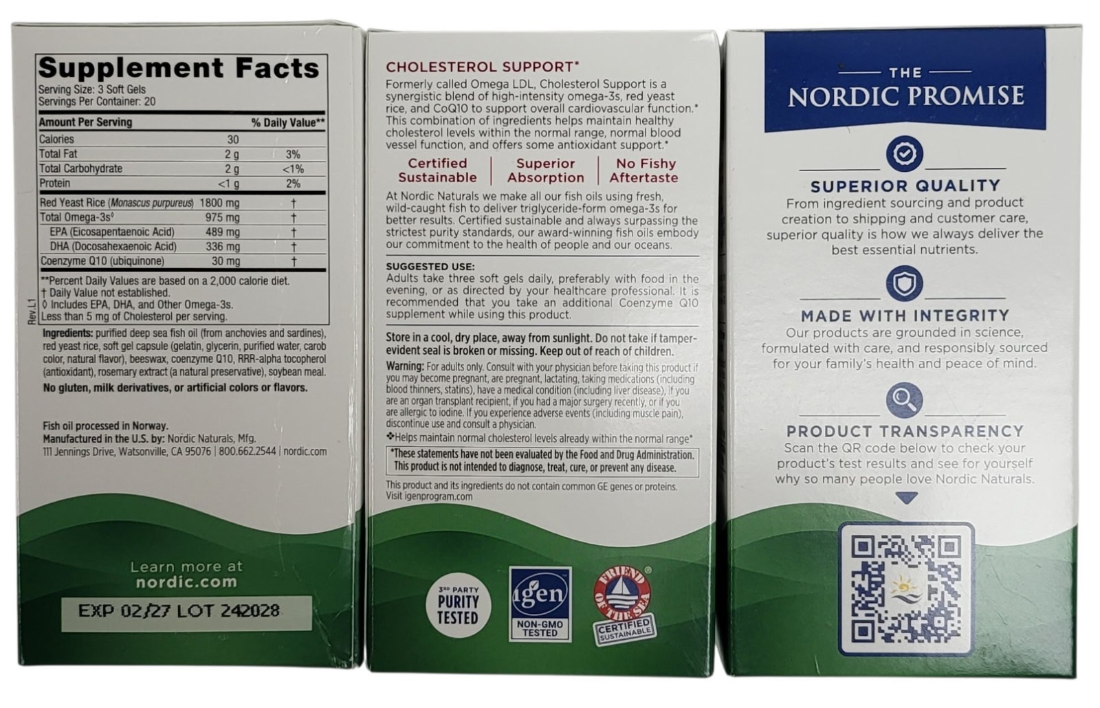 3 BOXES OF 60CT Nordic Naturals Cholesterol Support Omega Blend Soft Gels ex2/27