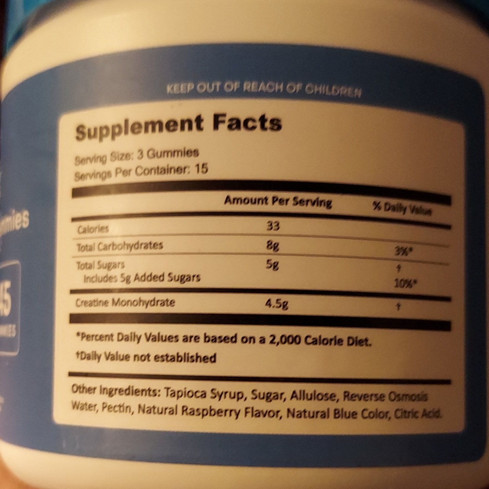 Create Creatine Monohydrate Gummies 45ct Blue Raspberry Non-GMO Gluten-Free 8oz