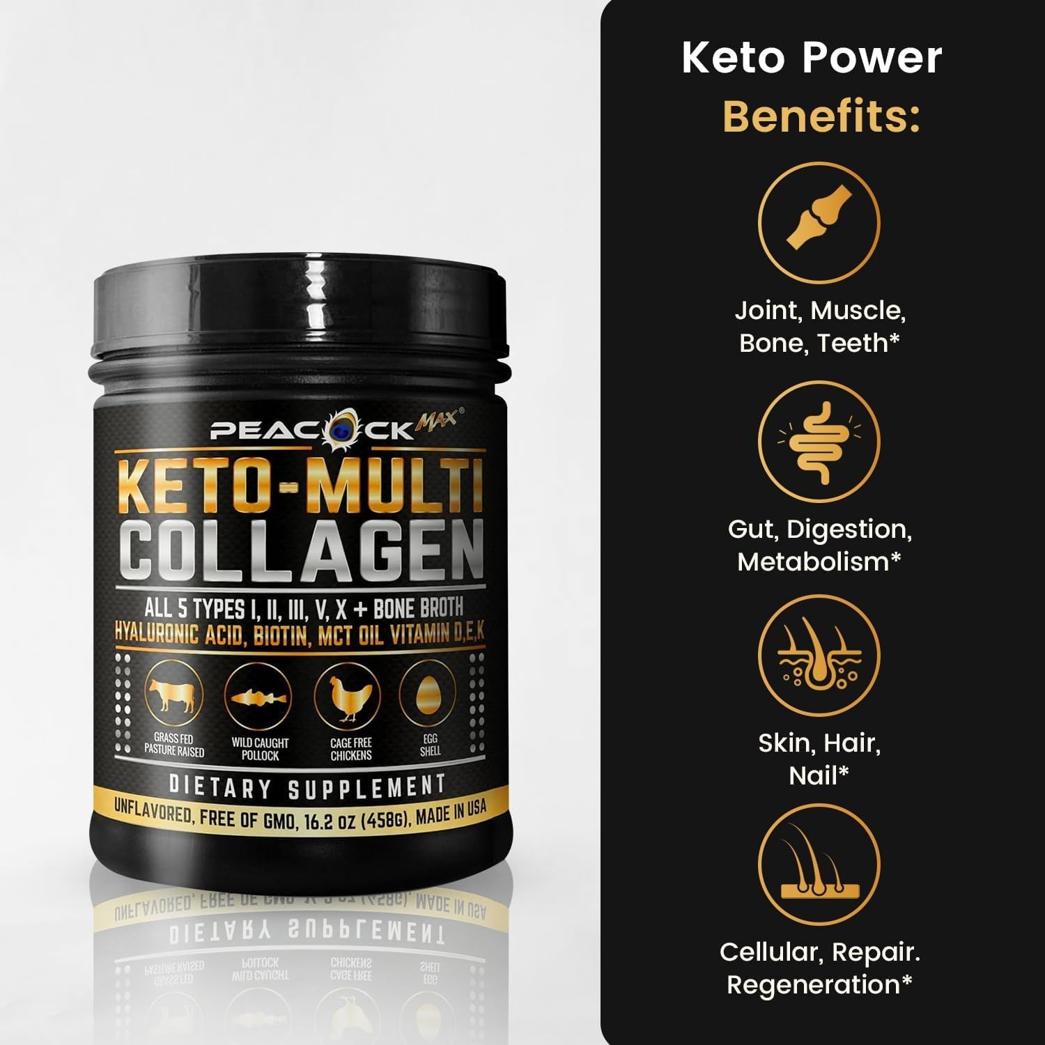 Peacock Max Keto Multi Collagen Peptides 16.2 1.01 Pound (Pack of 1), Black