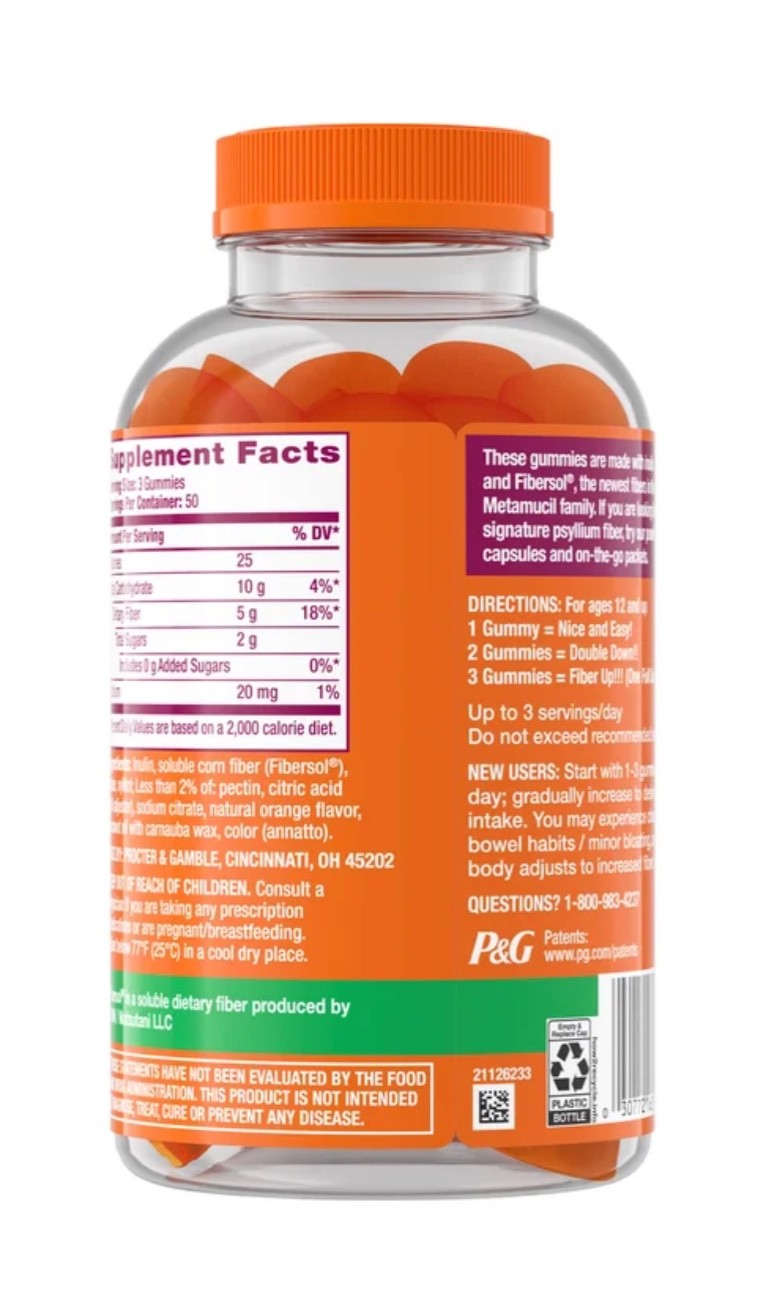 Metamucil Fiber Supplement Gummies Orange Flavor 150 Gummies- No sugar added