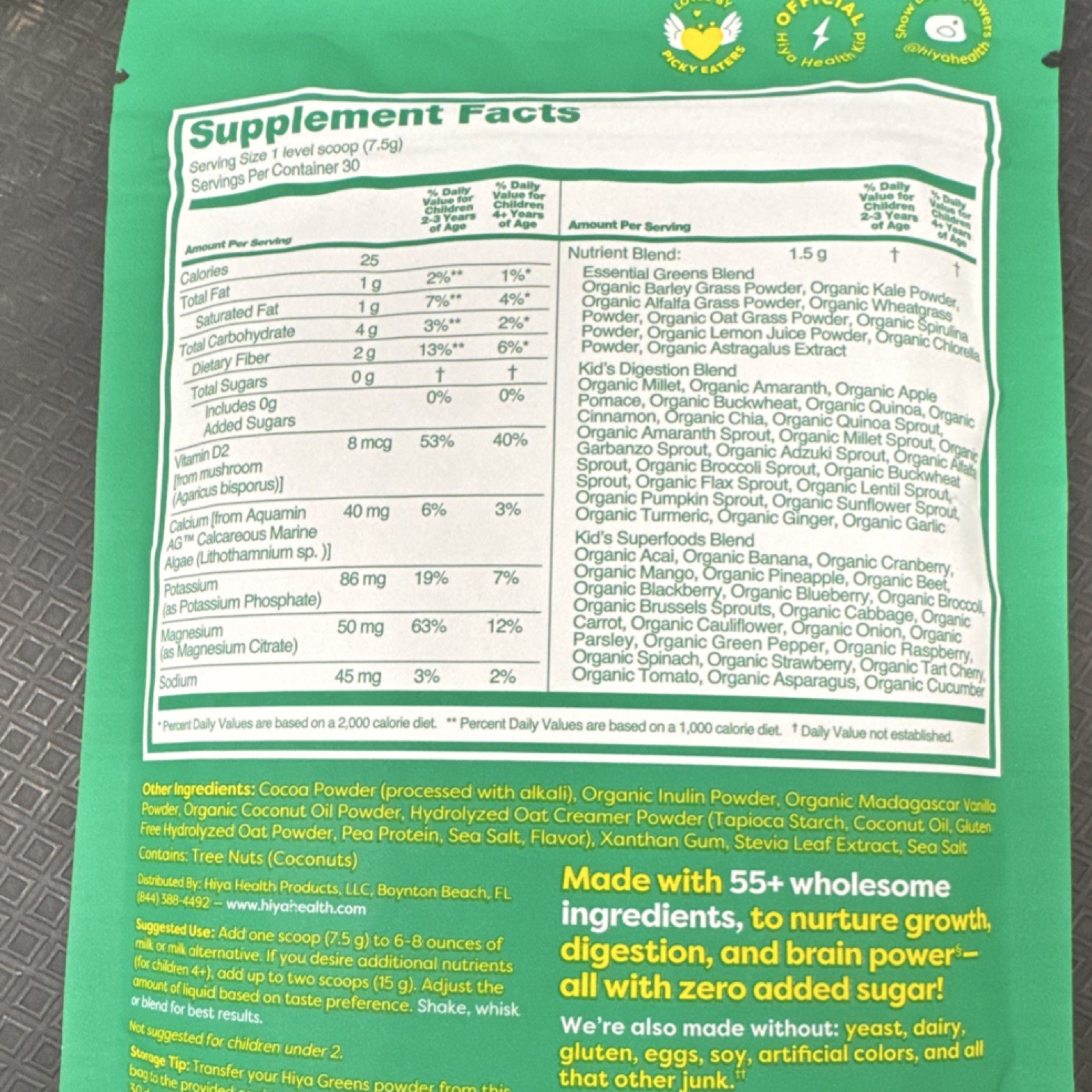 hiya Kids Daily Greens + Superfoods Chocolate Powder Gluten-Free Dairy-Free