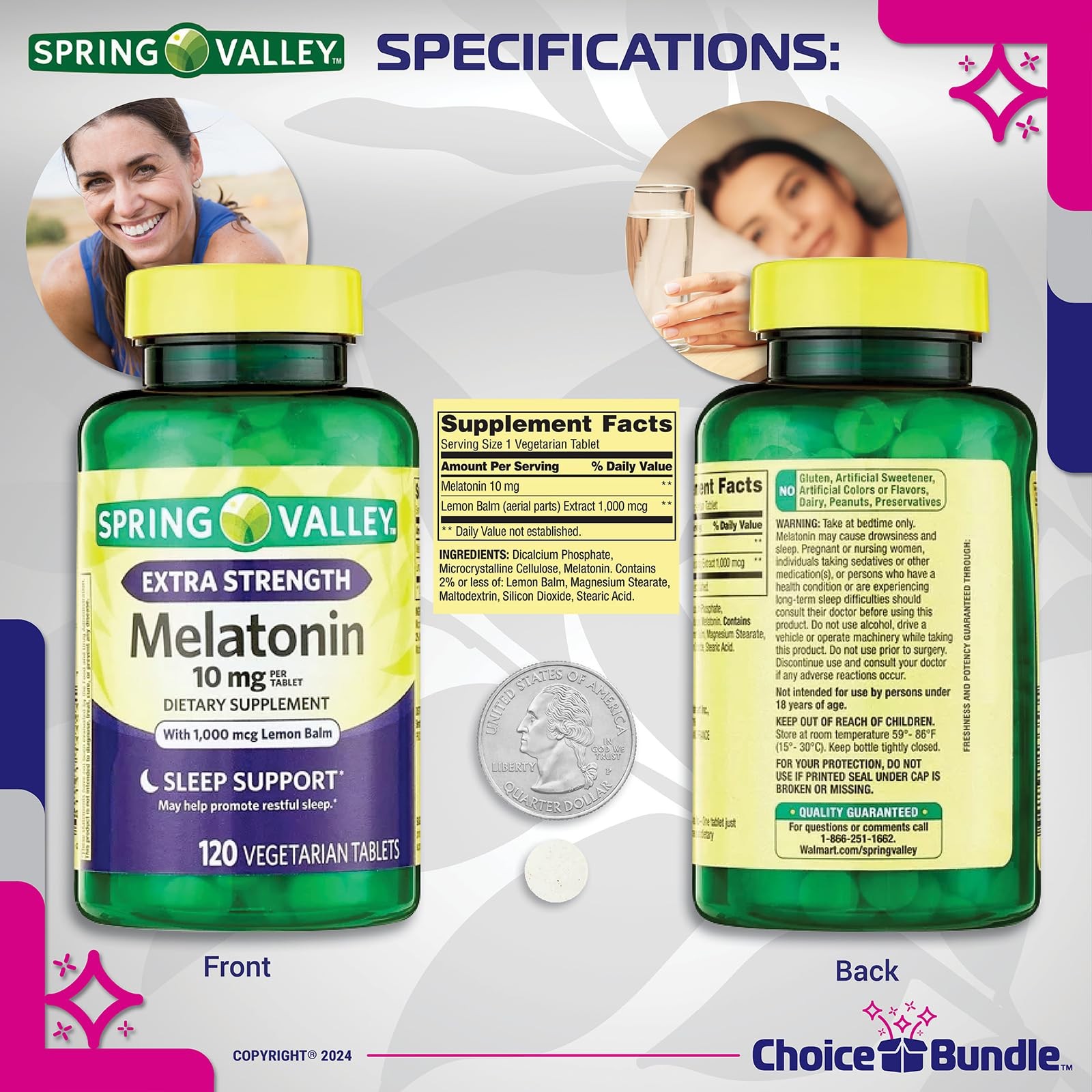 Spring Valley Melatonin 10mg Lemon Balm 2Pk (240ct) + Bonus Vit Guide & Case
