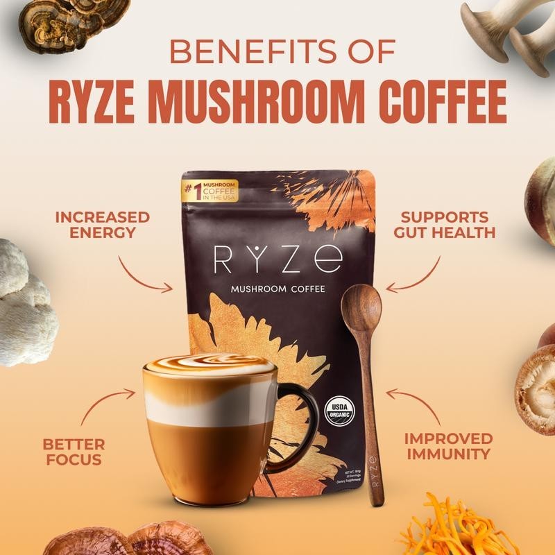 RYZE Mushroom Coffee USDA Organic with 6 AdaptogenicMushrooms and MCT Oil