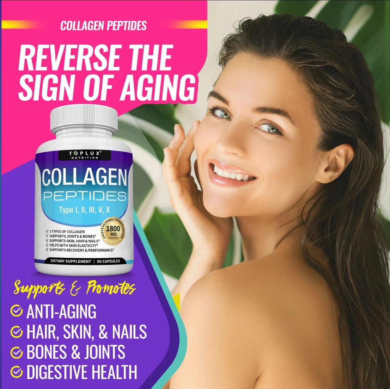 Toplux Nutrition Collagen Peptides 5 Types 1800mg US-Made 90 Capsules