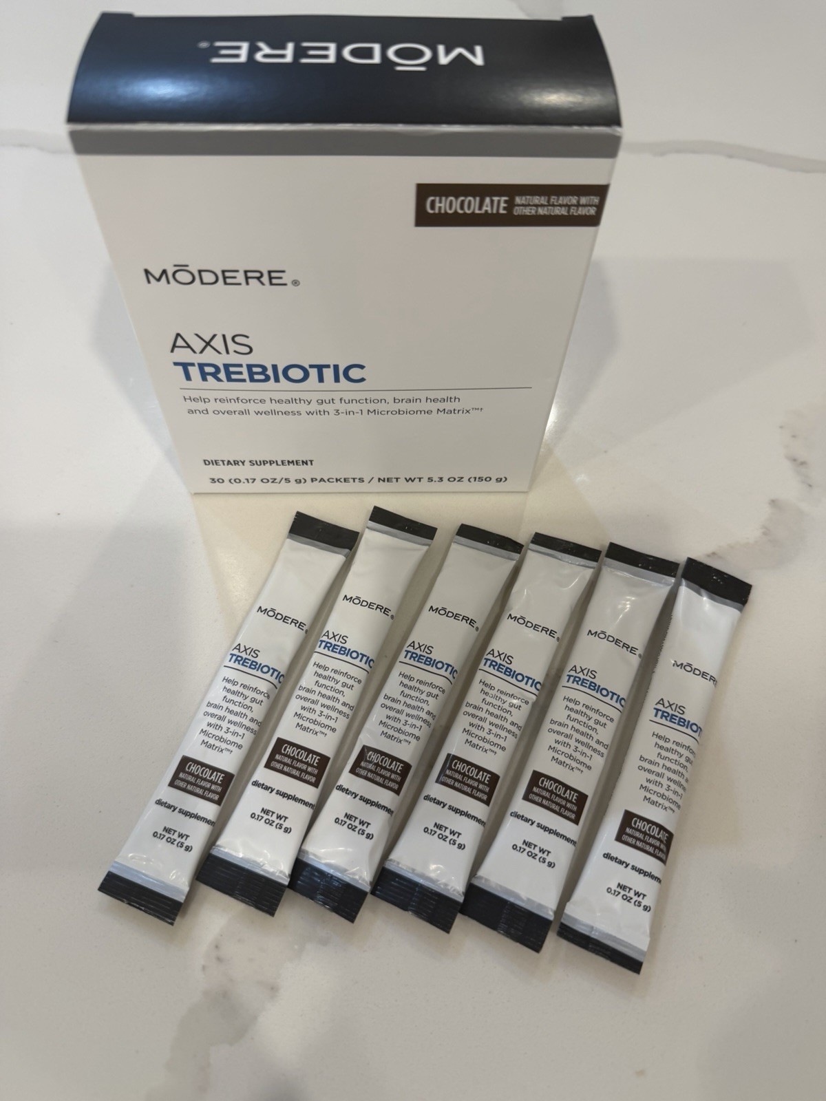 Modere Axis Trebiotic Pre/Pro/Postbiotic Chocolate 24 indiv Packets 5gNo Box