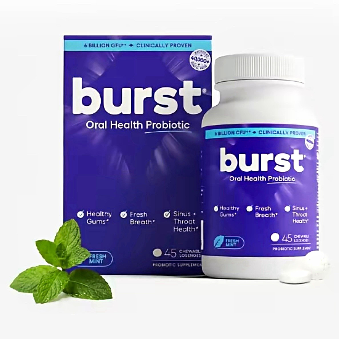 burst Oral Health Probiotic Mint Chewable Lozenges 45 ct Vegan Cruelty-Free