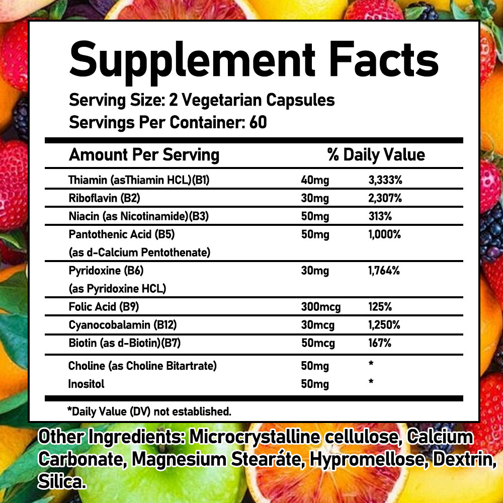 Vitamin B Complex Contains B1,B2,B3,B5,B6,B7,B9,B12,Choline,Inositol