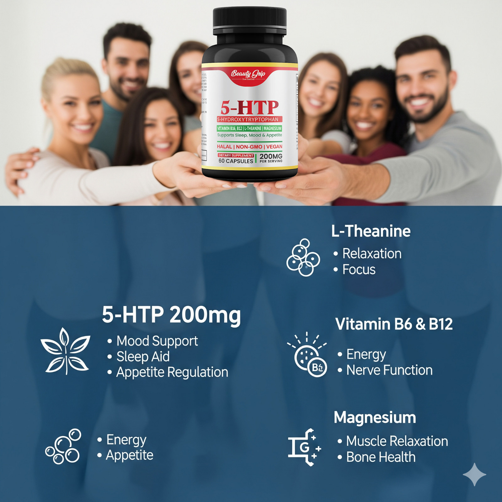 5-HTP 200mg with L-Theanine, Vitamin B6, B12 & Magnesium – Vegan, Halal, Non GMO
