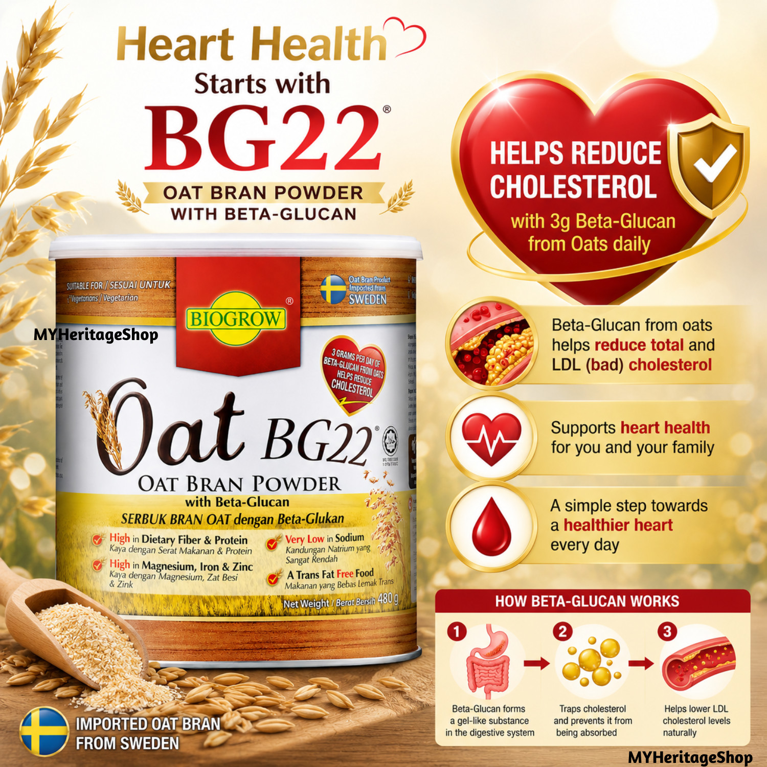 3X Biogrow Oat BG22 Oat Bran Powder Beta Glucan Fiber Protein 480g Pack