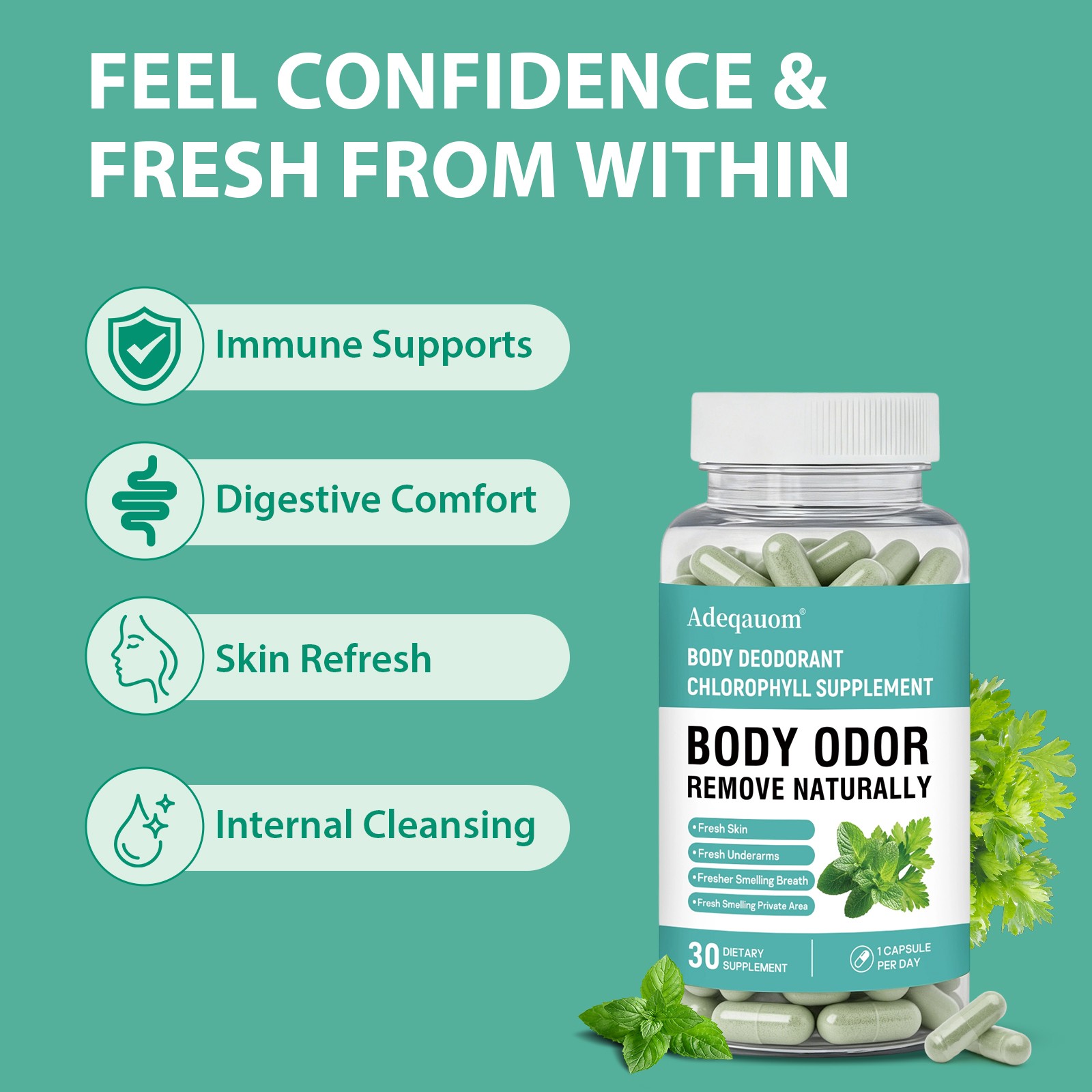 Chlorophyll Internal Deodorant Capsules,Full-Body Odor Control 30 Vegan Capsules