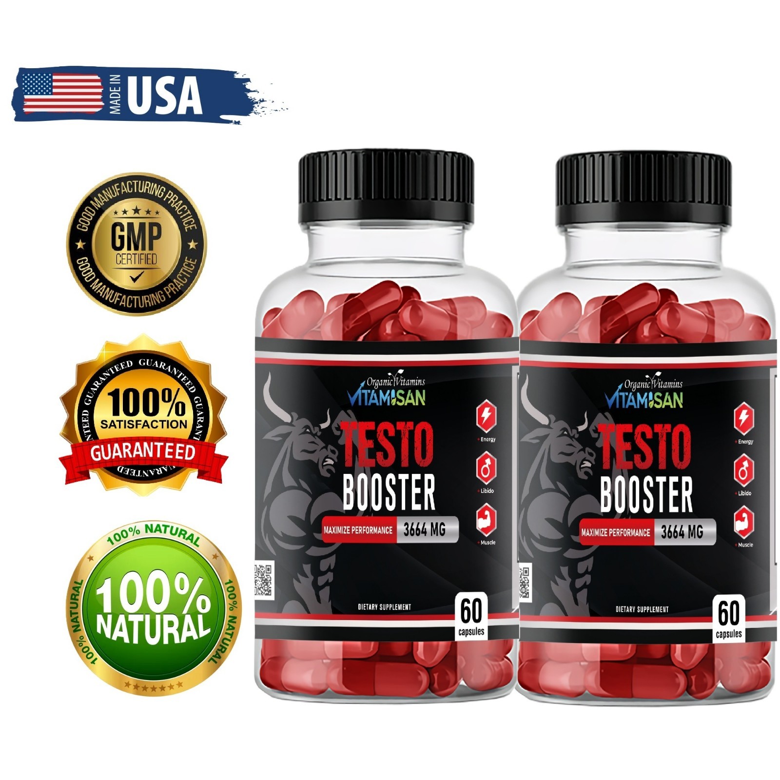 2 Bottles Vitamisan Testo Support | Natural Strength & Vitality Blend | 120 Caps