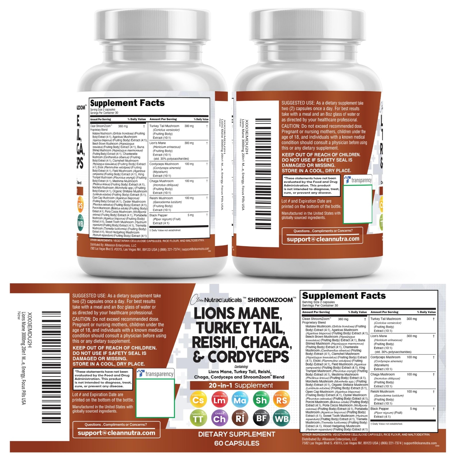 Clean Nutraceuticals Lions Mane 20in1 Mushroom 60 Count (Pack of 1), Natural