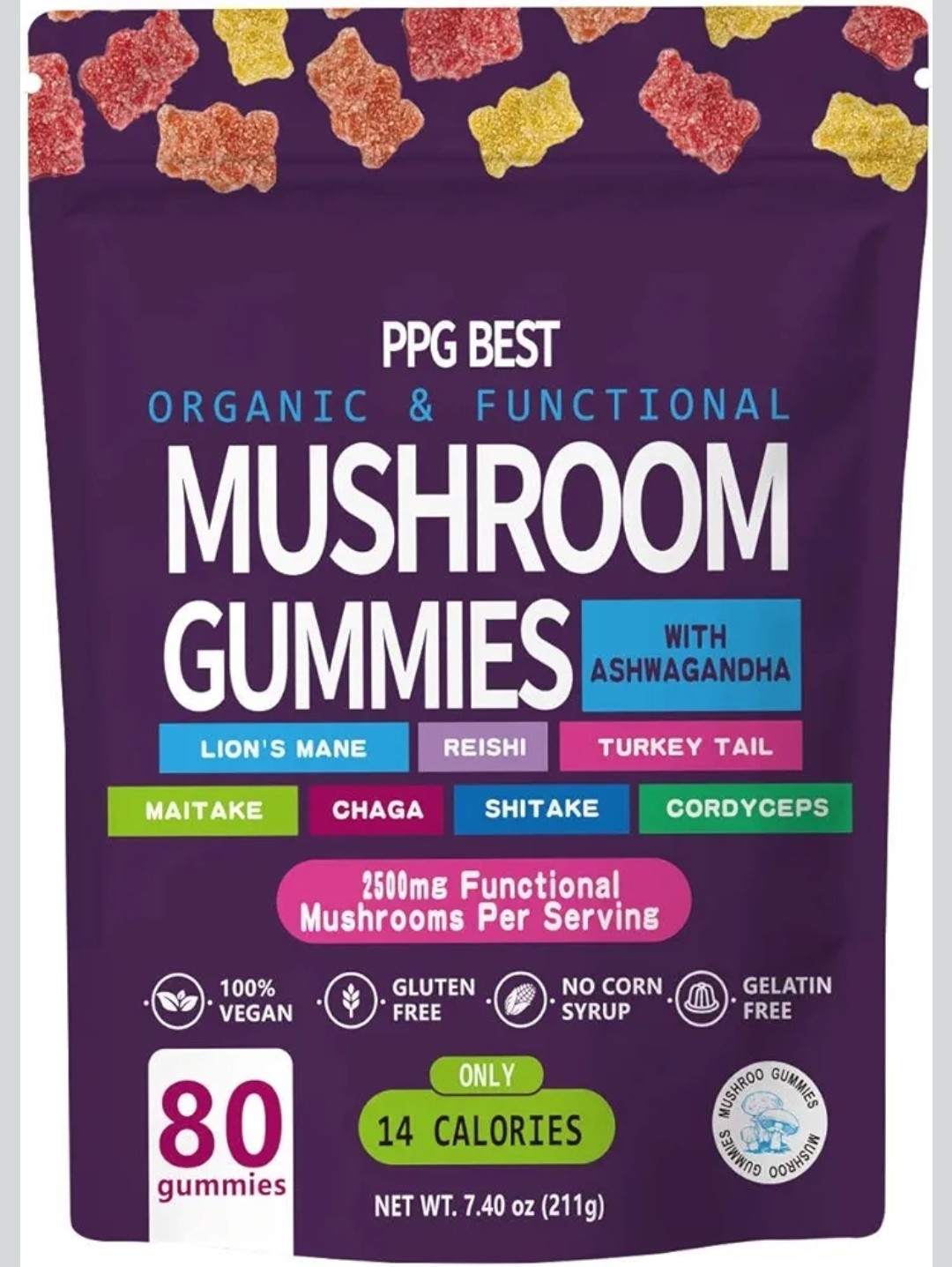 Functional Mushroom Gummies Blend Ashwagandha Reishi Maitake Chaga Cordyceps…