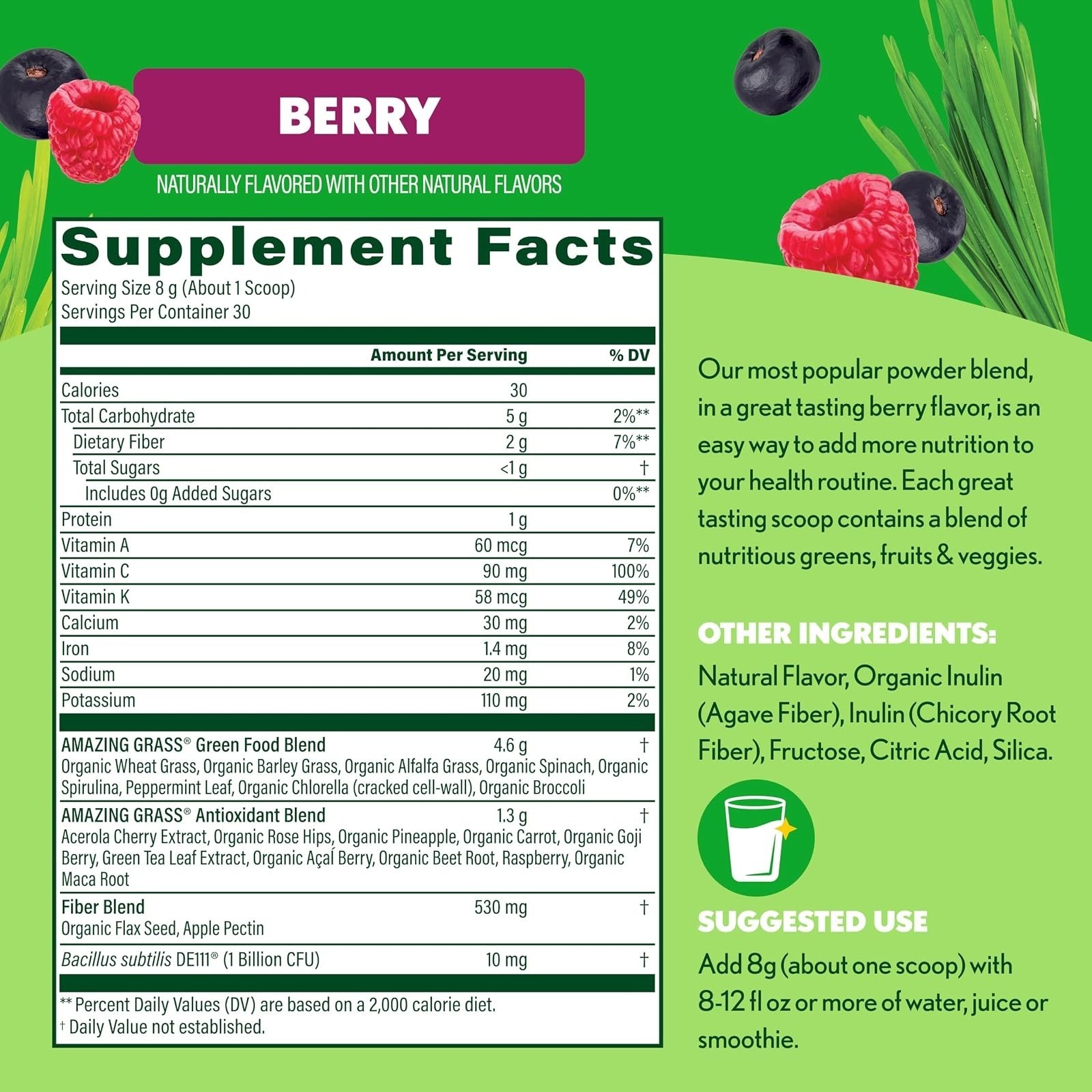 Amazing Grass Super Greens Powder – Organic Berry Flavor – 30 Servings
