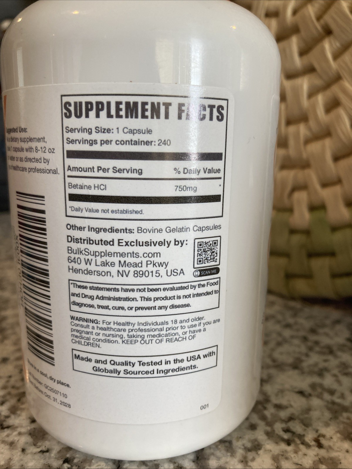 BulkSupplements 750 mg Betaine HCL Supplement 240 Capsules New EXP 10/31/2028