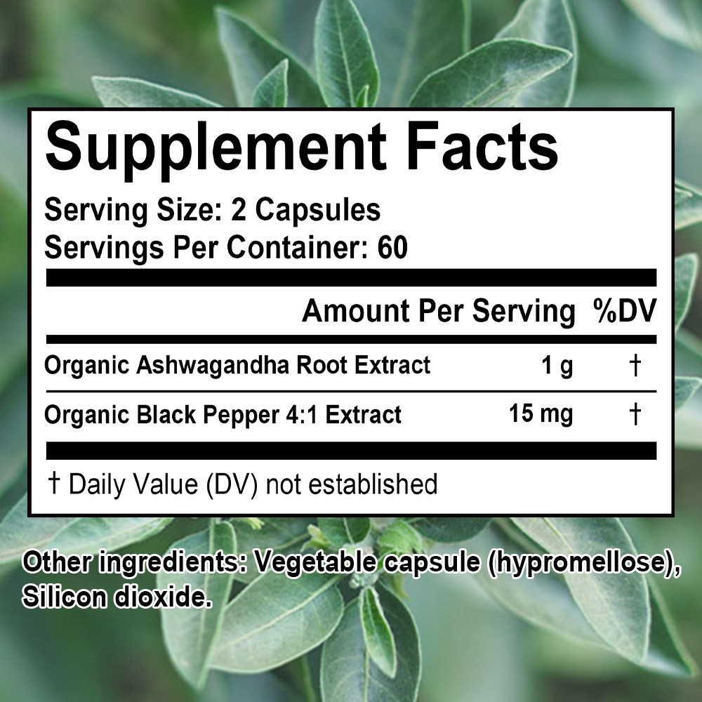 Organic Ashwagandha Supplement High Potency Supports Stress 30/60/120 Capsules
