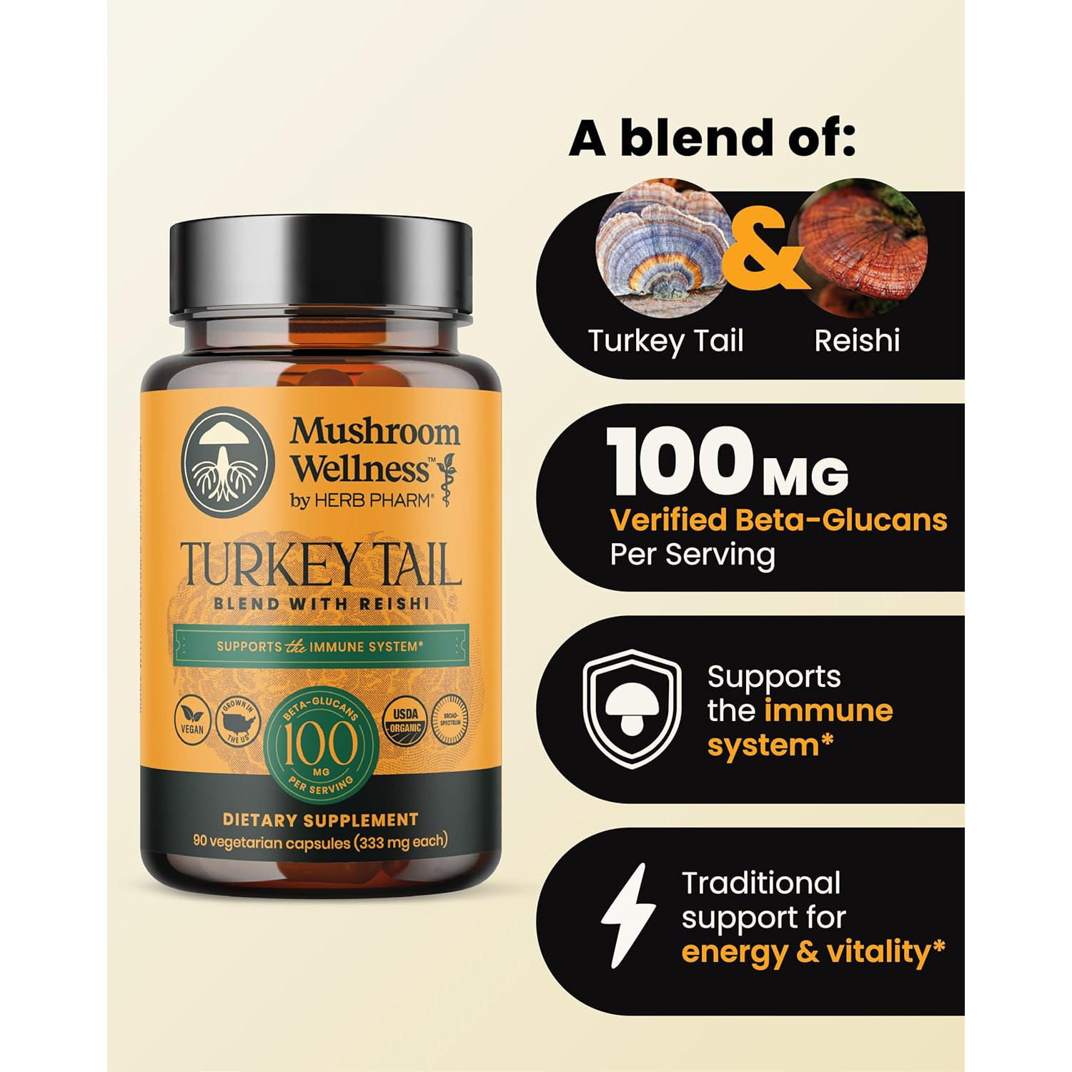 Herb Pharm,Mushroom Wellness Organic Turkey Tail Blend with Reishi,90Veg Caps
