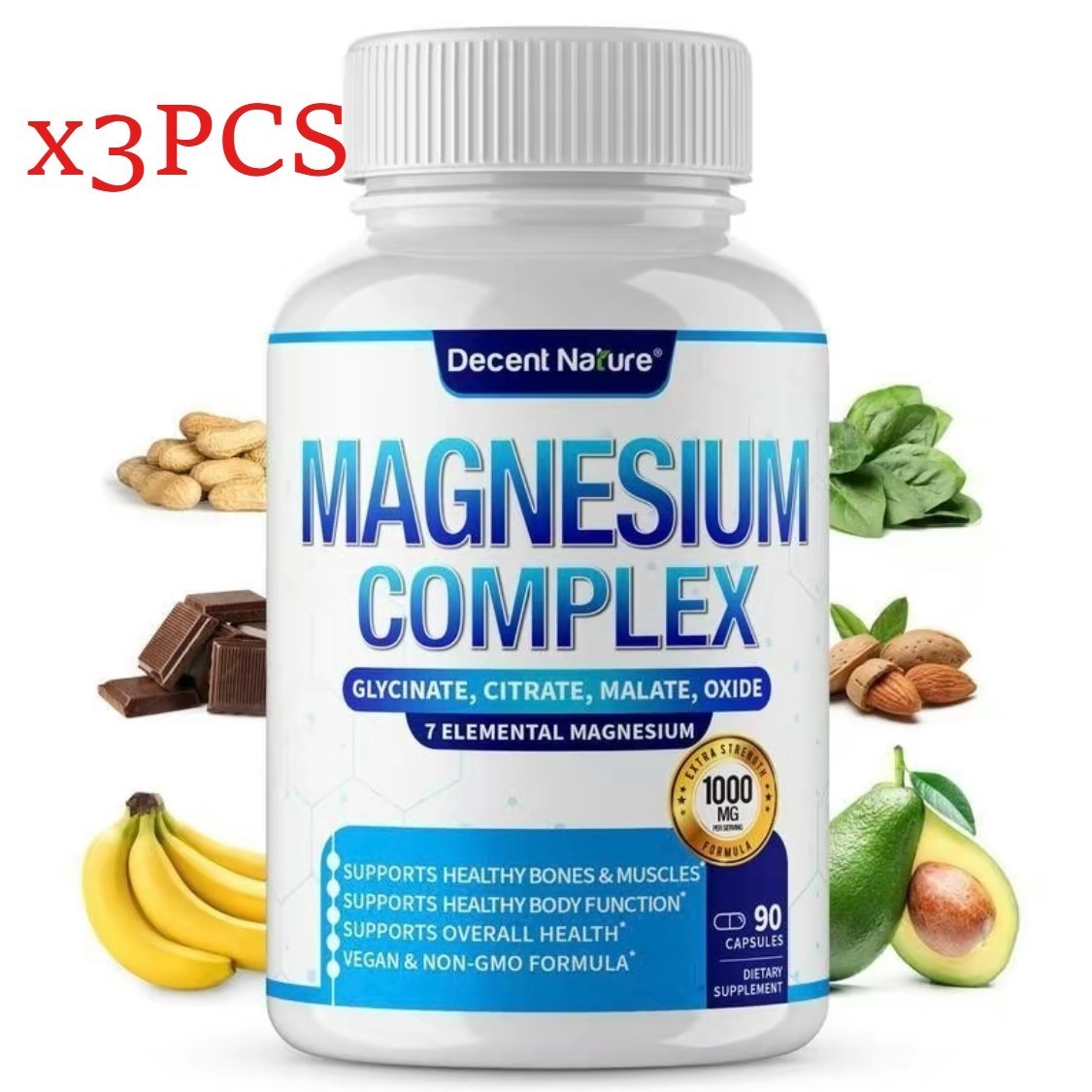 2 BOTTLES—Decent Nature Magnesium Complex1000mg-7Elemental Magnesium Capsules