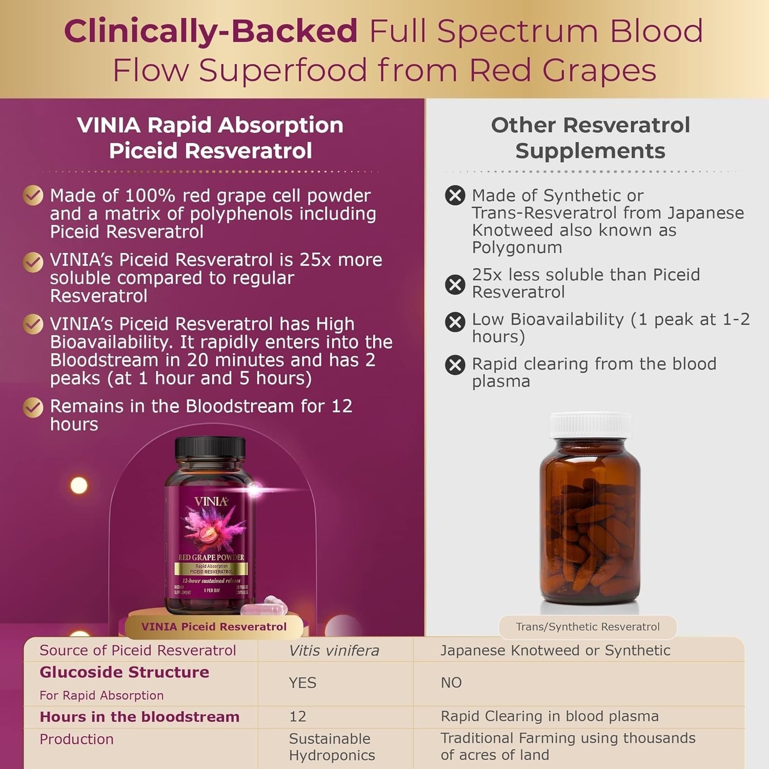 VINIA Blood Flow Capsules Red Grape Powder and Nitric Oxide Supplement 60 Caps