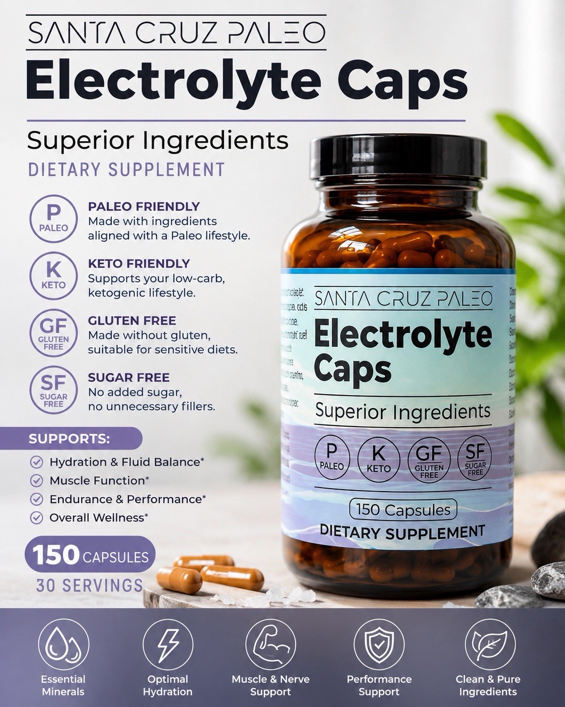 Santa Cruz Paleo Electrolyte Caps 150 Capsules Keto Paleo Gluten Free