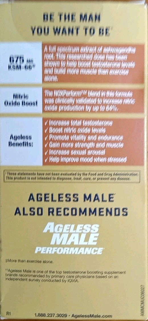 LOT 2 AGELESS MALE MAX NITRIC TEST BOOSTER DIETARY SUPPLEMENT 60 X2 120 CAPLETS!