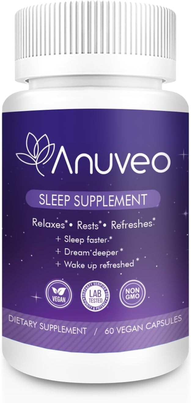 Anuveo Herbal Sleep Aid – Vegan Supplement with Melatonin and Magnesium, 60 Caps