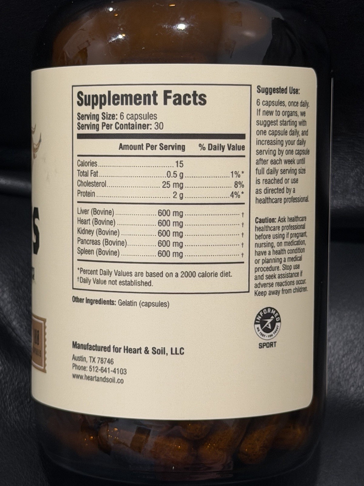 Heart & Soil Grass-Fed Beef Organs 600mg 180 Capsules Exp 12/2028 MPN 242381