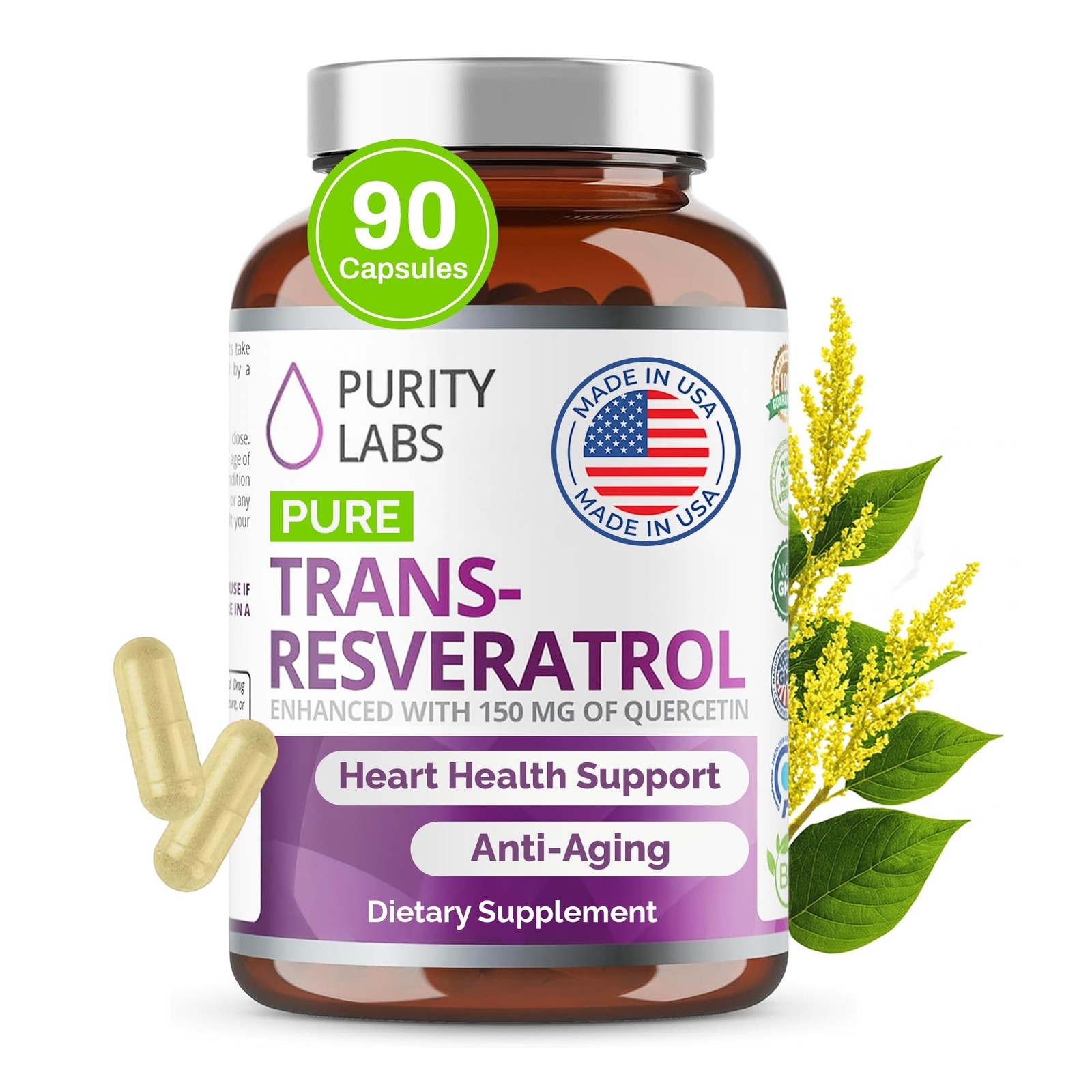 Purity Labs Pure Organic Trans Resveratrol Supplement 90 Count (Pack of 1)