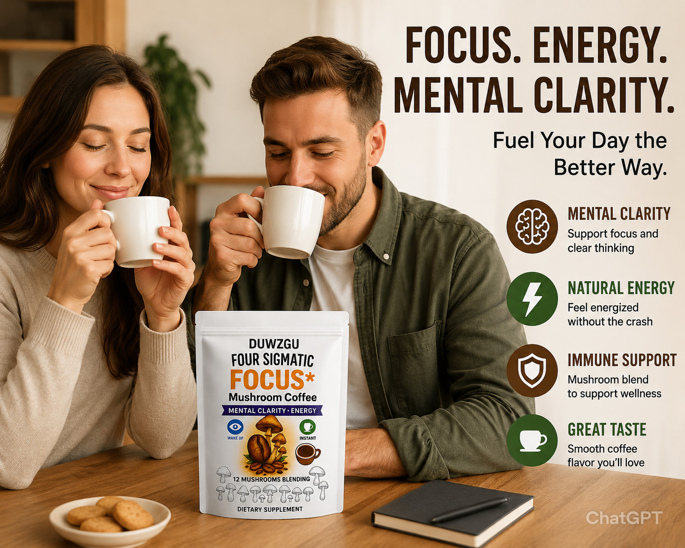 Mushroom Coffee Focus Blend Instant Energy Mental Clarity Dietary Supplement USA