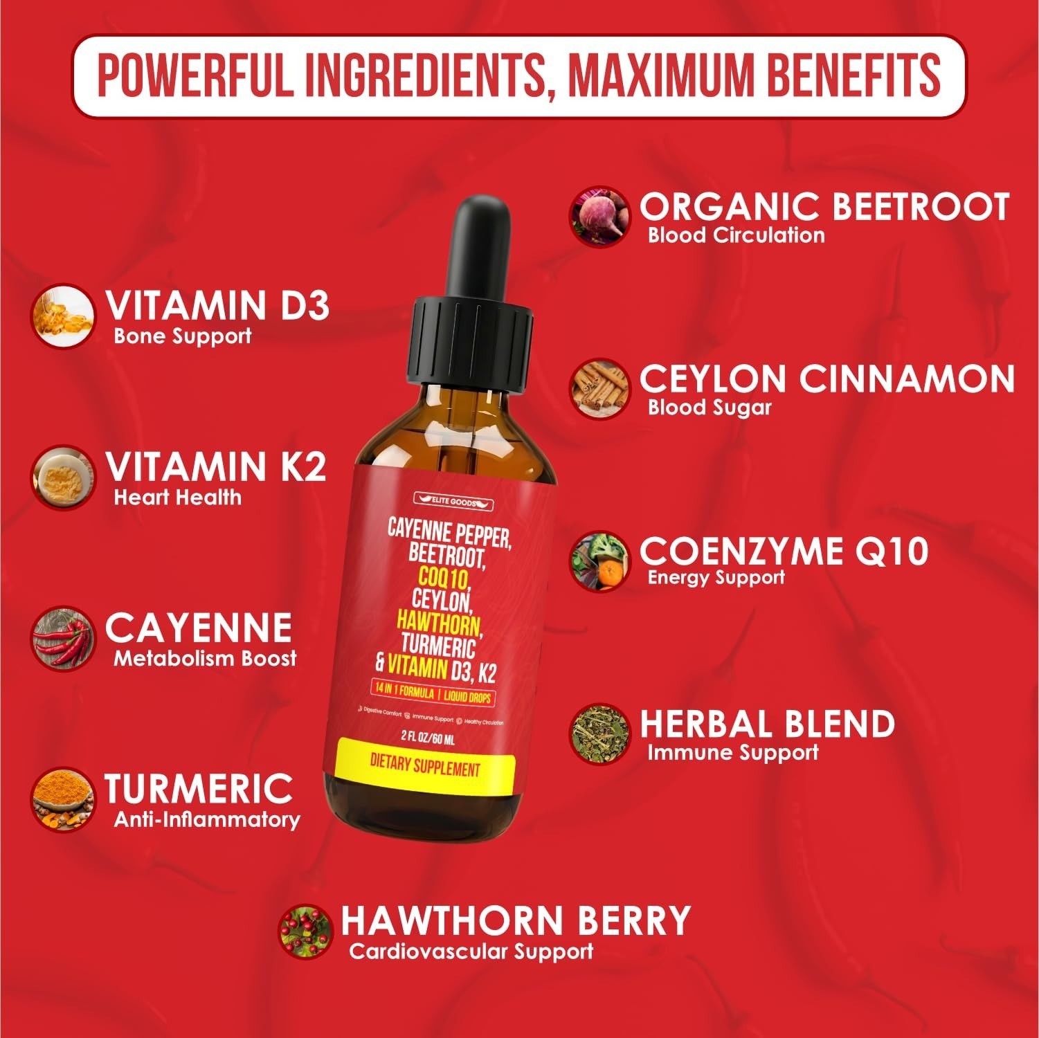 Cayenne Pepper Drops – Organic Supplement with CoQ10, Vitamins D3 & K2