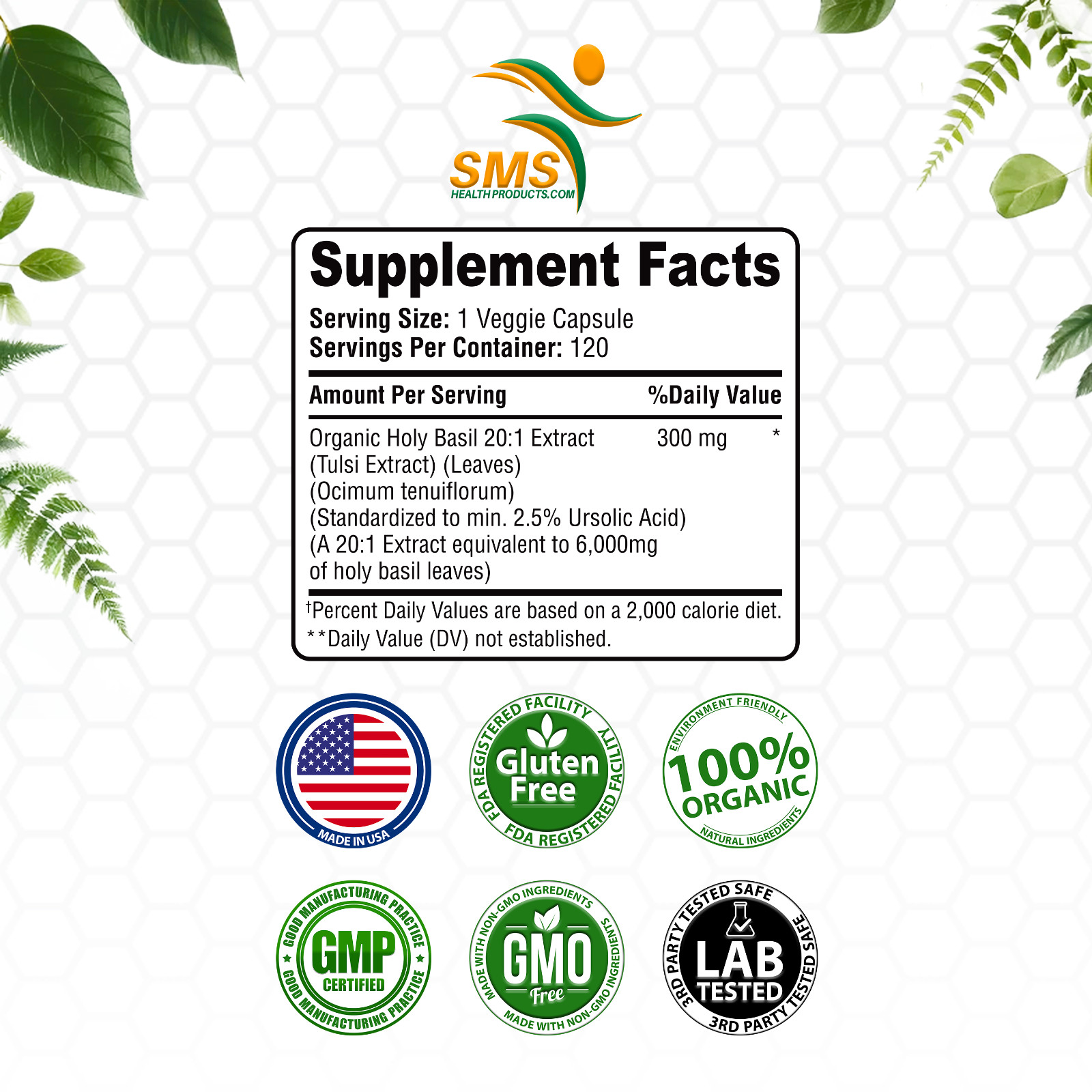 Organic Holy Basil 20:1 Extract 2.5% Ursolic Acid (120 Veg Capsules) Made In USA
