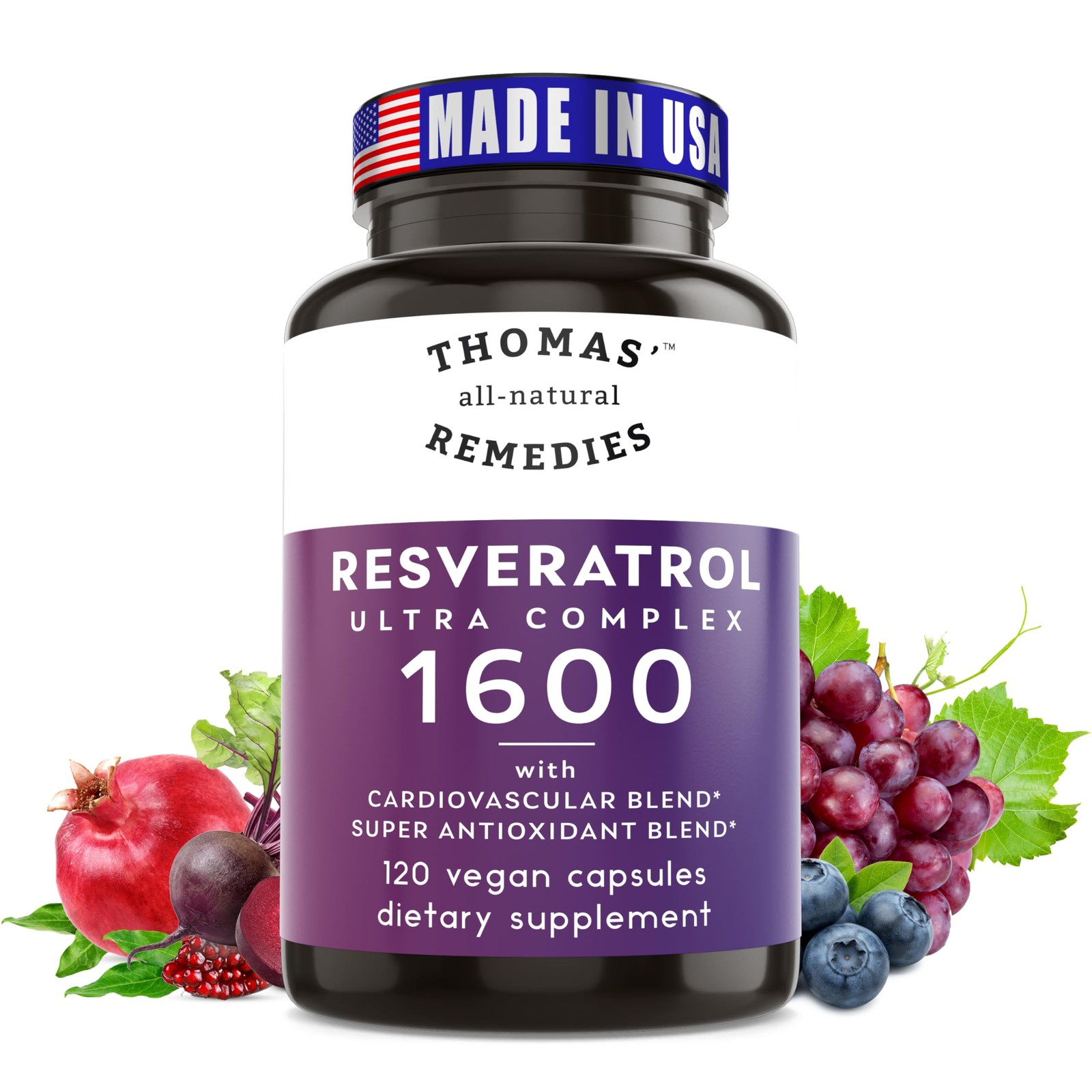 Thomas’ all-natural Remedies Resveratrol 1600mg Organic 120 Count (Pack of 1)