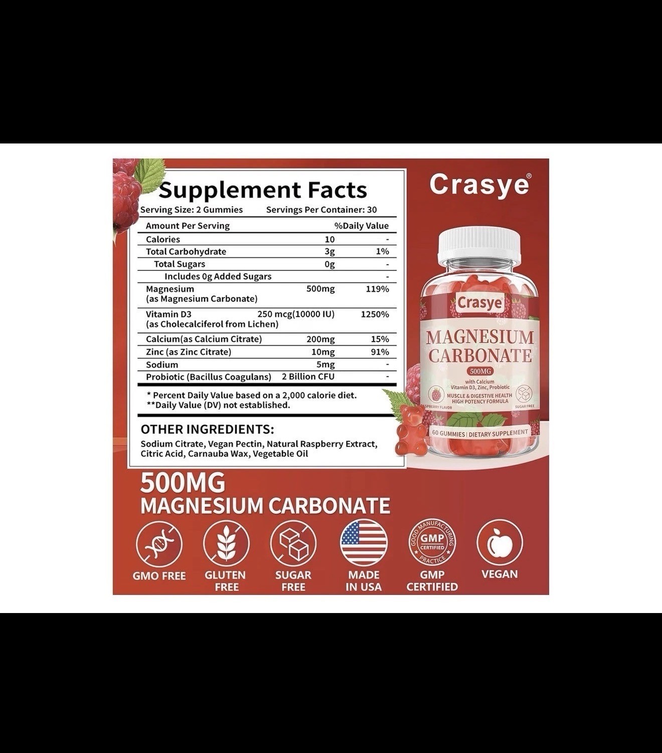 Crasye Magnesium Carbonate Gummies 500mg Sugar Free Raspberry 60ct