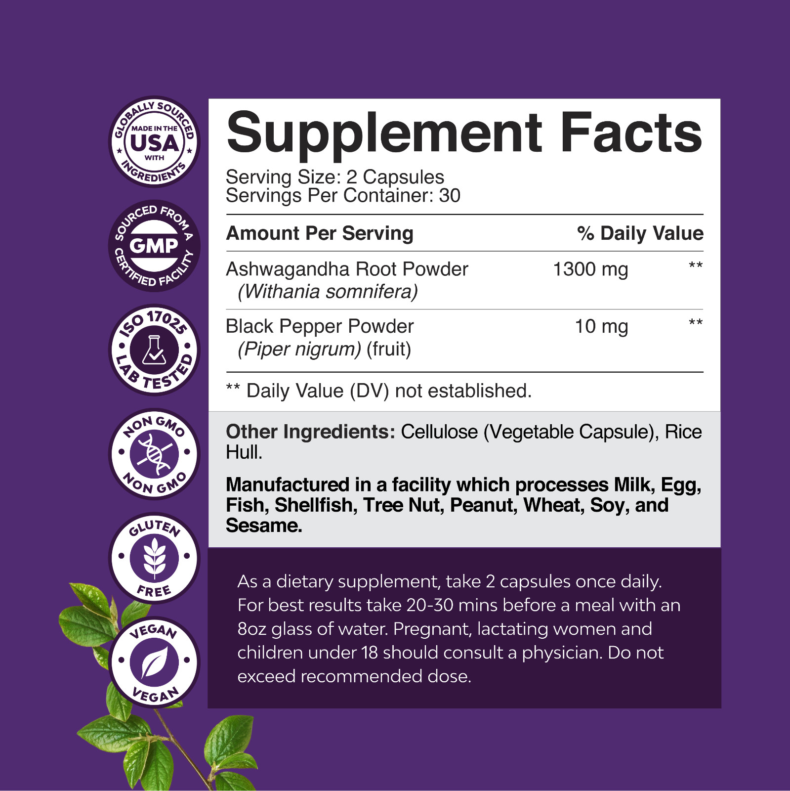 Best Ashwagandha Root Powder Capsules 1300mg Per Serving – Relaxation Sleep 60ct