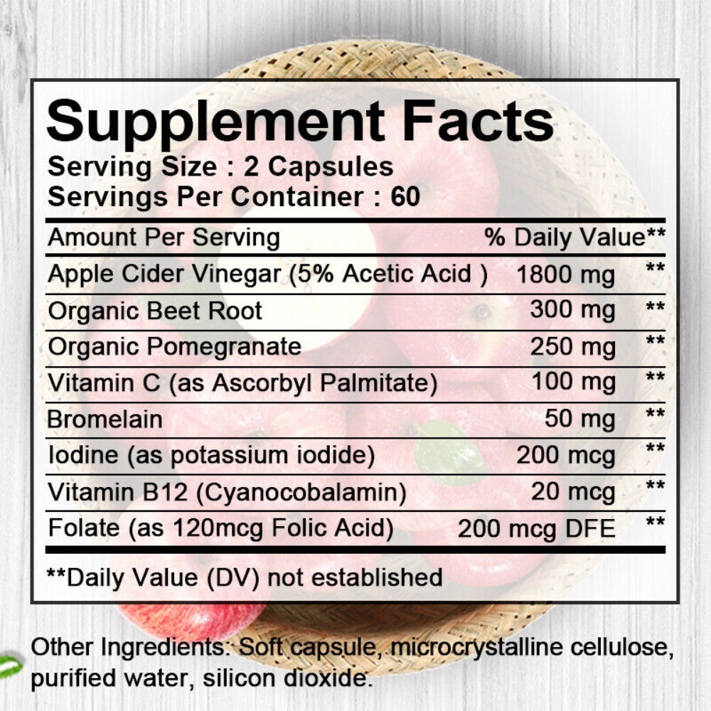 Apple Cider Vinegar 2500mg 120 Capsules With the Mother Vitamin B12 Diet &Health