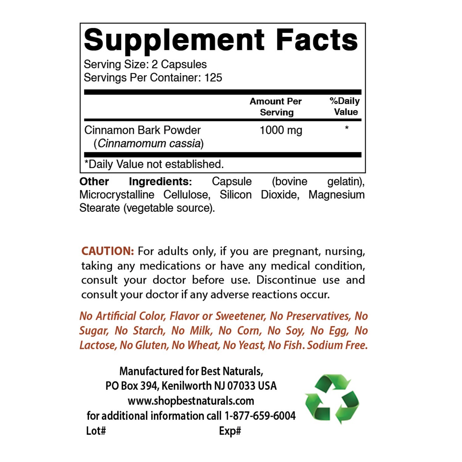 2 Pack Best Naturals Cinnamon 500 mg 250 Capsules