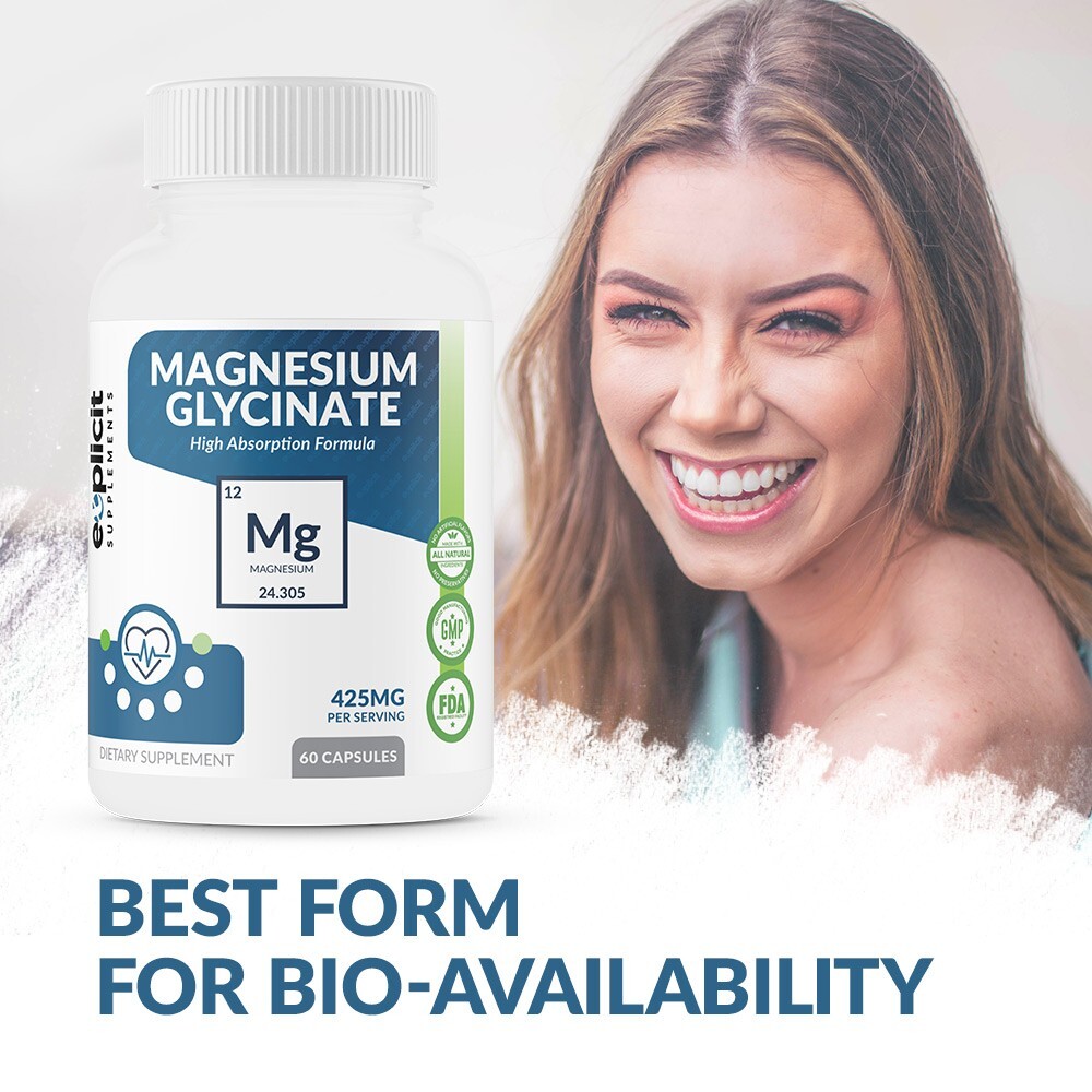 Pure Magnesium Glycinate 425mg, 100% Chelated, 60 Capsules – USA Made – 1 Month