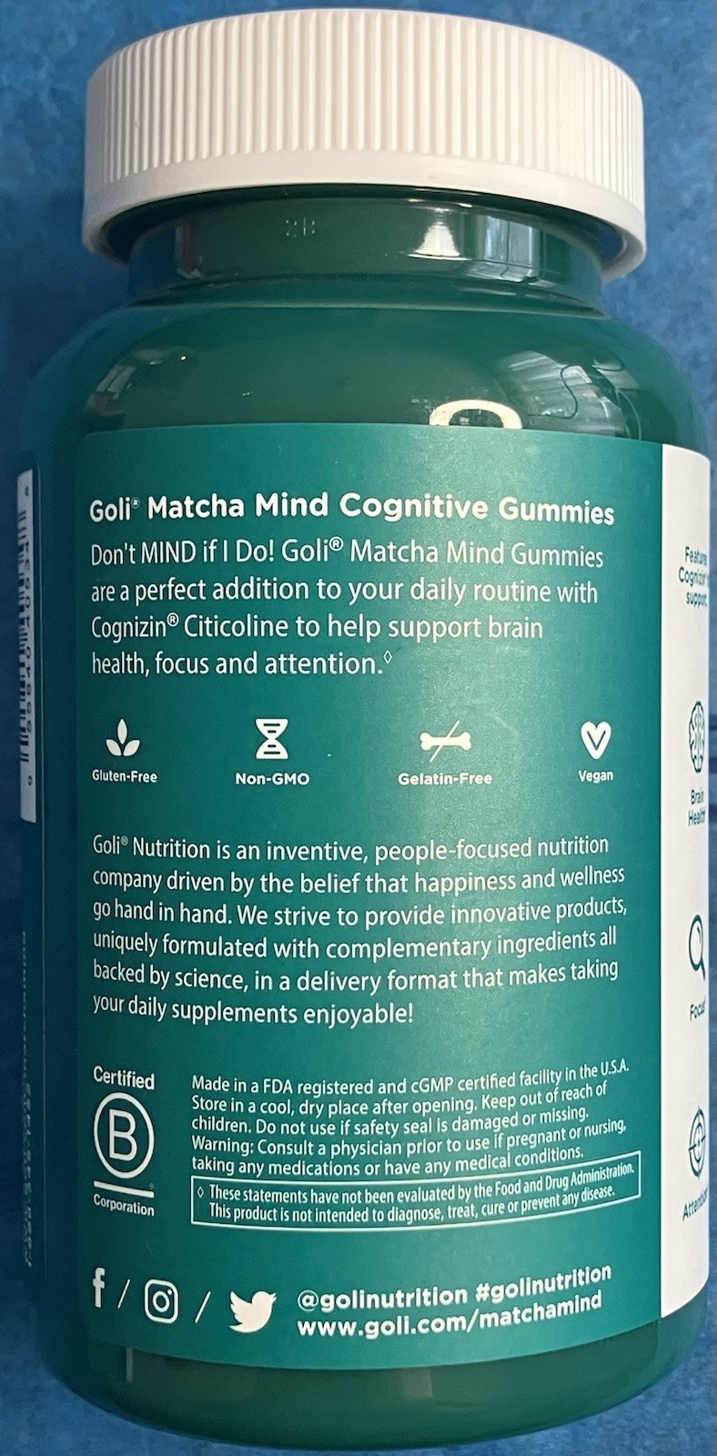 Goli Nutrition Matcha Mind 250mg Gognizin Gummy 60 Gummies Exp. 12/26 Kosher New