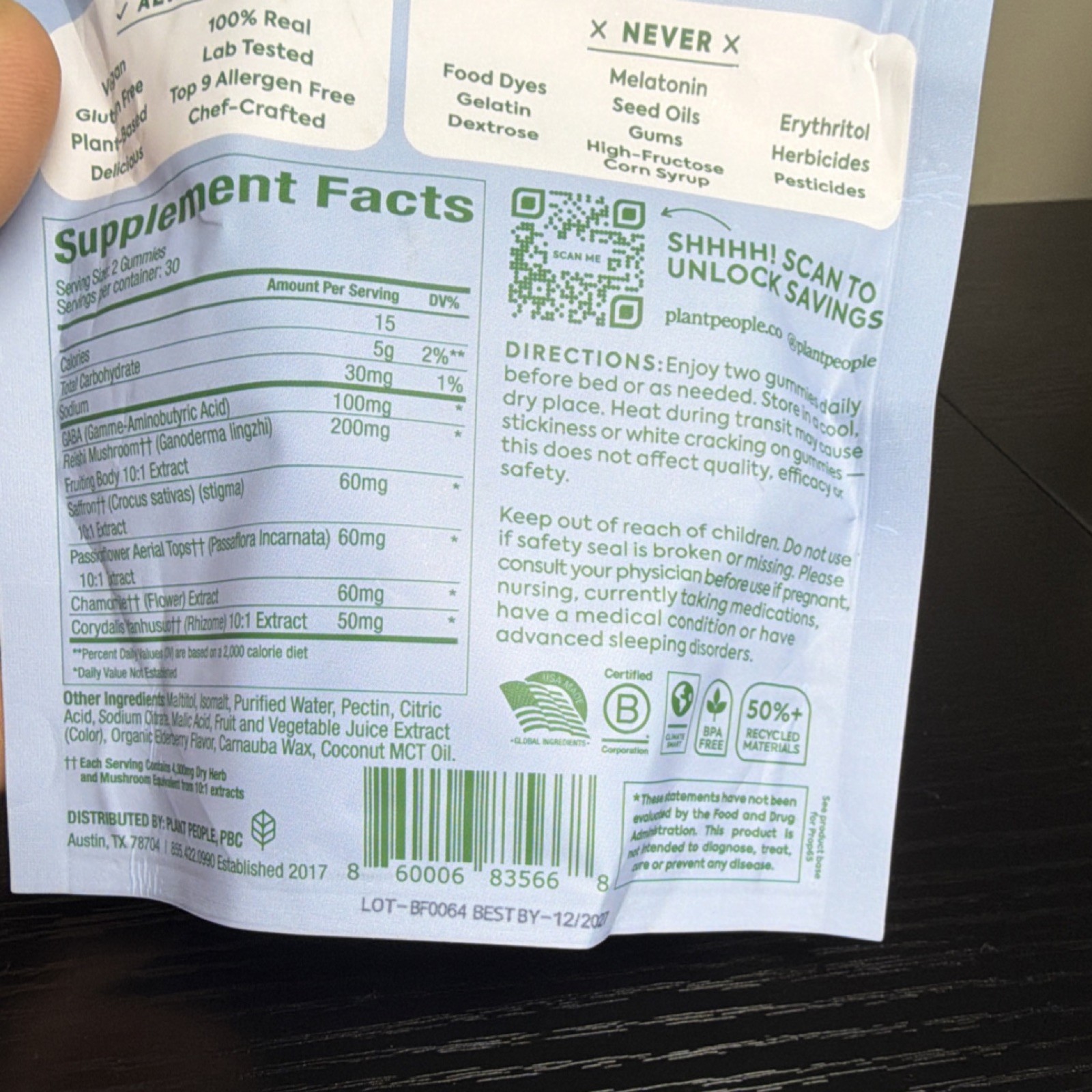 Plant People Wonder Sleep Mushroom Gummies Wild Elderberry Zero Sugar Vegan 60