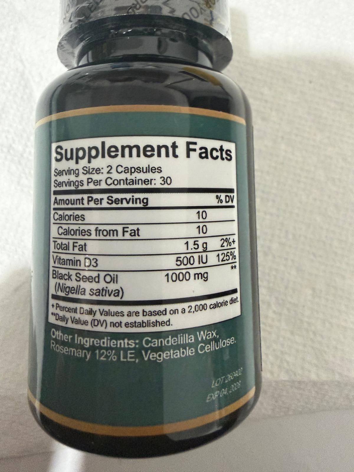 Nuvora Black Seed Oil + Vitamin D3 60 Capsules Immune Support Exp 03/2028