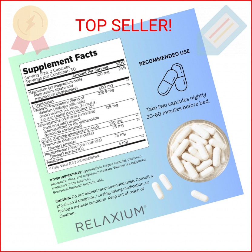 Relaxium Gentle Sleep Supplement | 60 Vegan Capsules, 30-Day Supply | Melatonin,