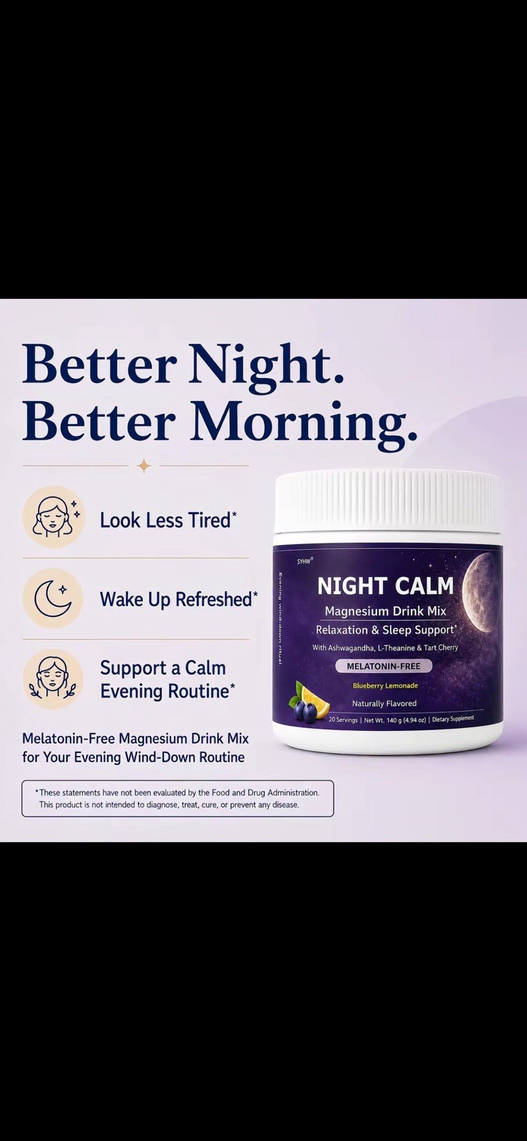 SYHW Night Calm Magnesium Drink Mix Blueberry Lemonade Melatonin-Free Vegan 140g