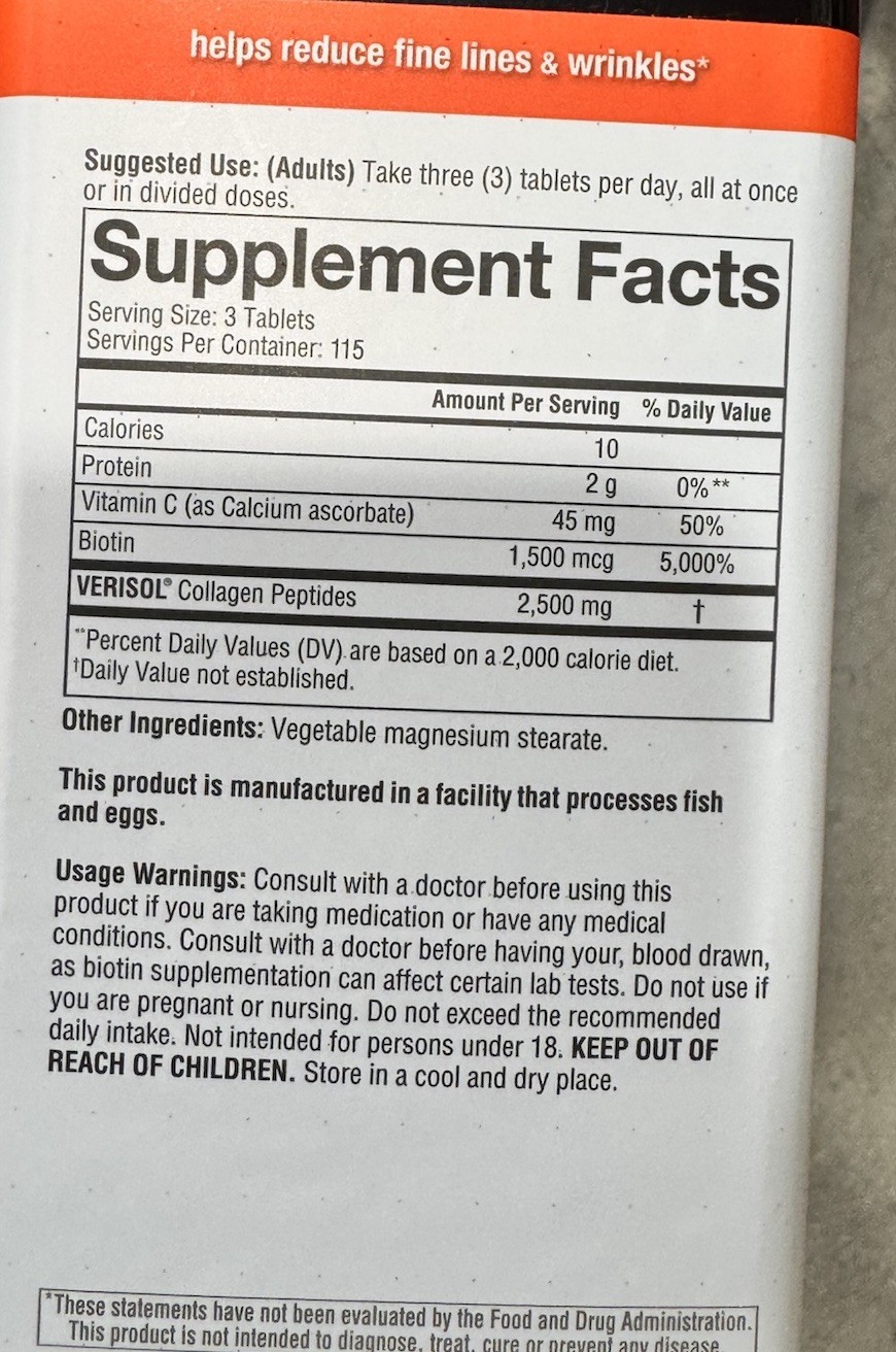 youtheory Verisol Collagen 2500mg + Biotin/Vit C 345 Tablets Exp 11/2027
