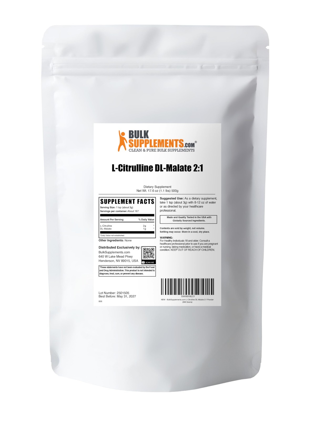BulkSupplements.com L-Citrulline 1.10 Pound (Pack of 1), Color May Vary
