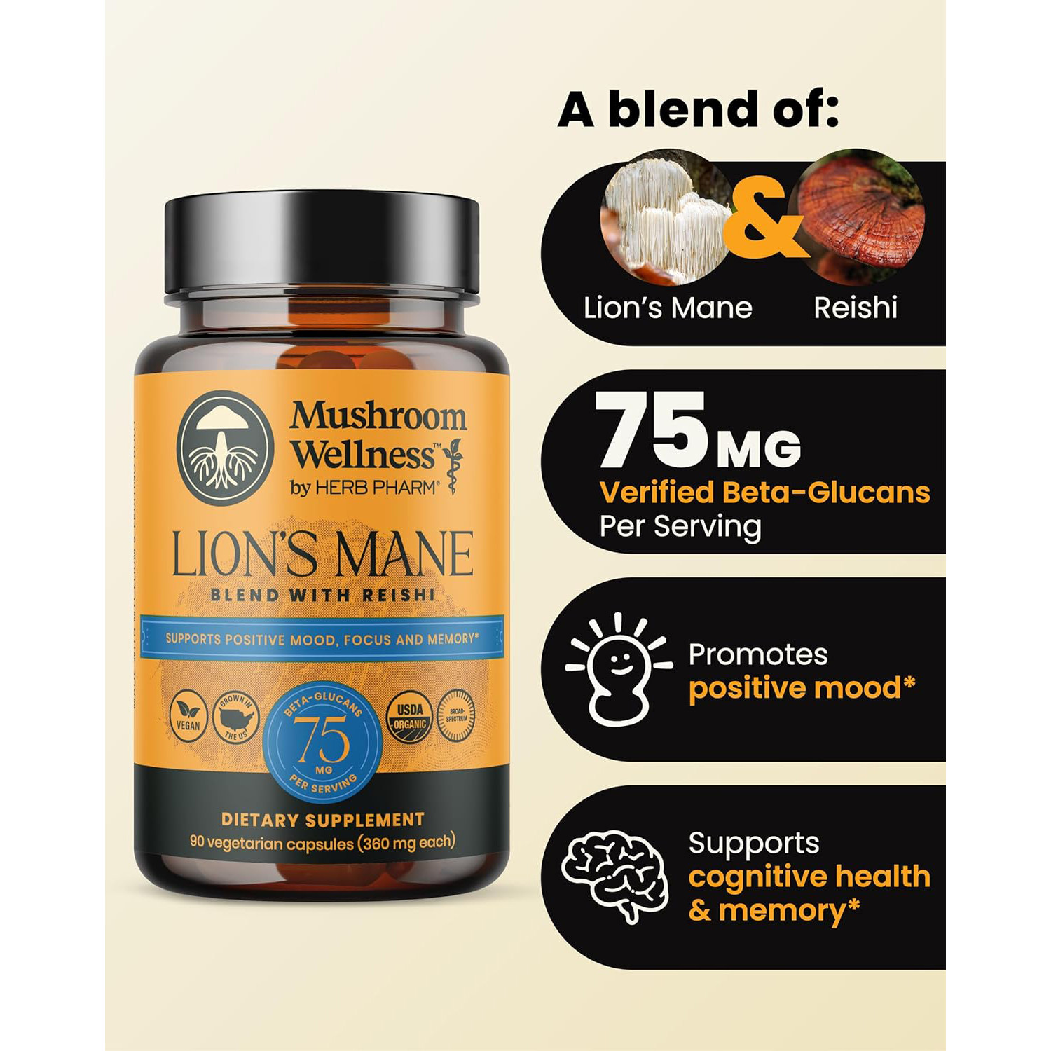 Herb Pharm,Mushroom Wellness Organic Lions Mane Blend w/Reishi,90Veg Caps