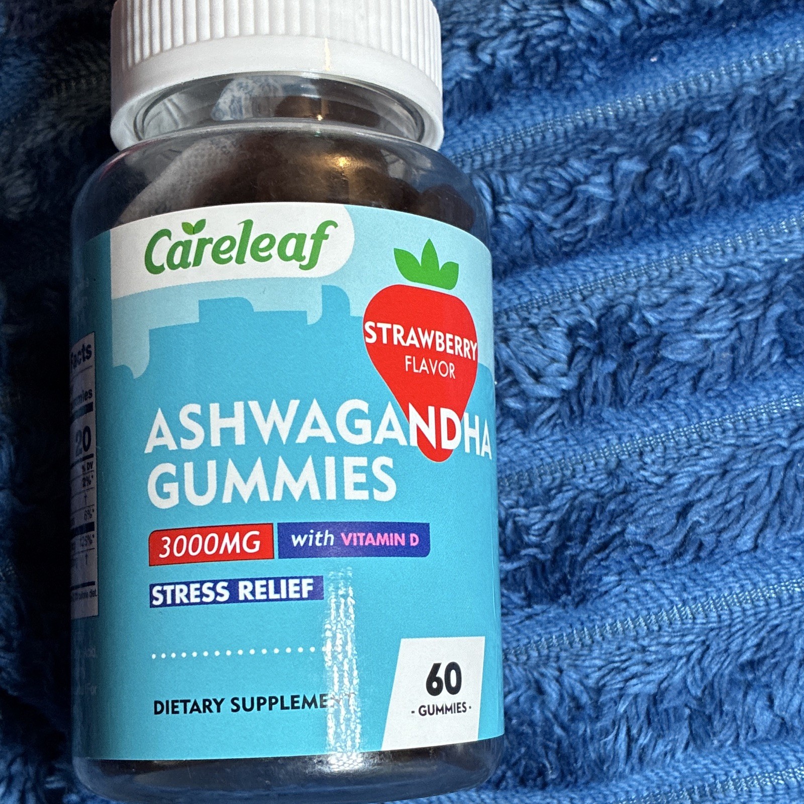 Careleaf Ashwagandha Gummies 3000mg Vitamin D2 Strawberry 60 Gummies Exp 03/2026